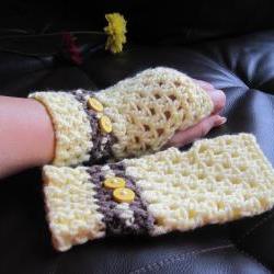 Crochet gloves mittens wrist warmers fingerless - yellow brown (G1)